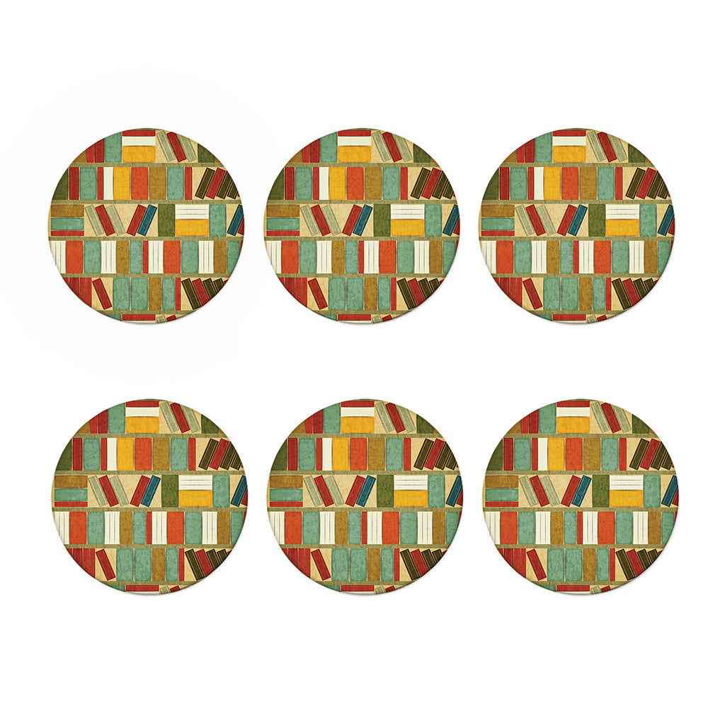 Watercolor Bookshelf Pattern Print Coaster Set