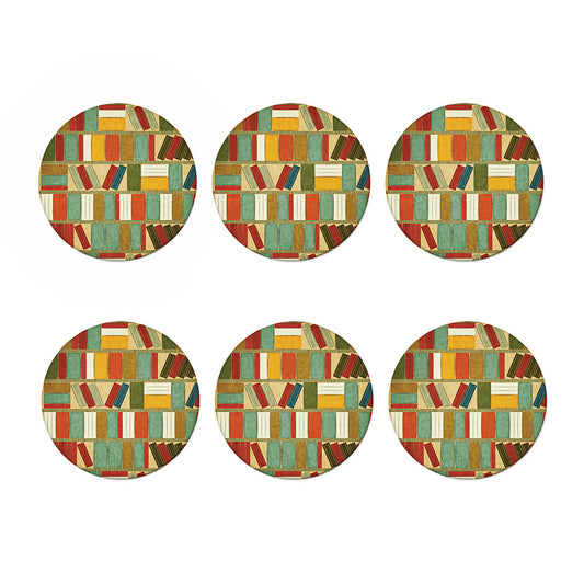 Watercolor Bookshelf Pattern Print Coaster Set