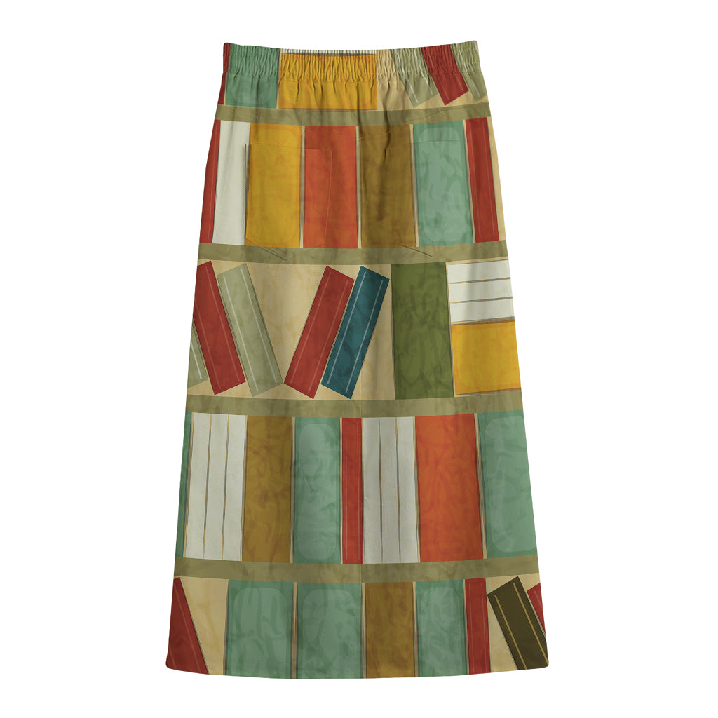 Watercolor Bookshelf Pattern Print Cotton Front Slit Maxi Skirt