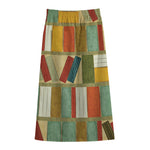 Watercolor Bookshelf Pattern Print Cotton Front Slit Maxi Skirt