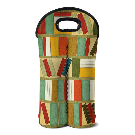 Watercolor Bookshelf Pattern Print Double Neoprene Wine Tote