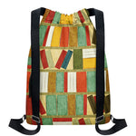 Watercolor Bookshelf Pattern Print Drawstring Backpack