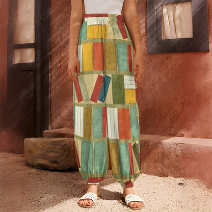Watercolor Bookshelf Pattern Print Harem Pants