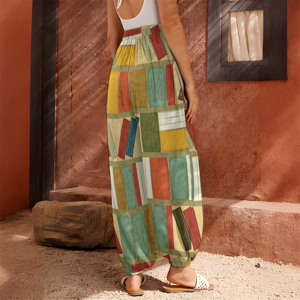 Watercolor Bookshelf Pattern Print Harem Pants
