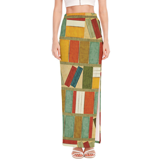 Watercolor Bookshelf Pattern Print High Slit Maxi Skirt