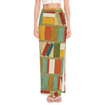 Watercolor Bookshelf Pattern Print High Slit Maxi Skirt