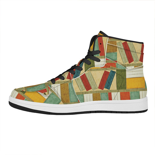 Watercolor Bookshelf Pattern Print High Top Leather Sneakers