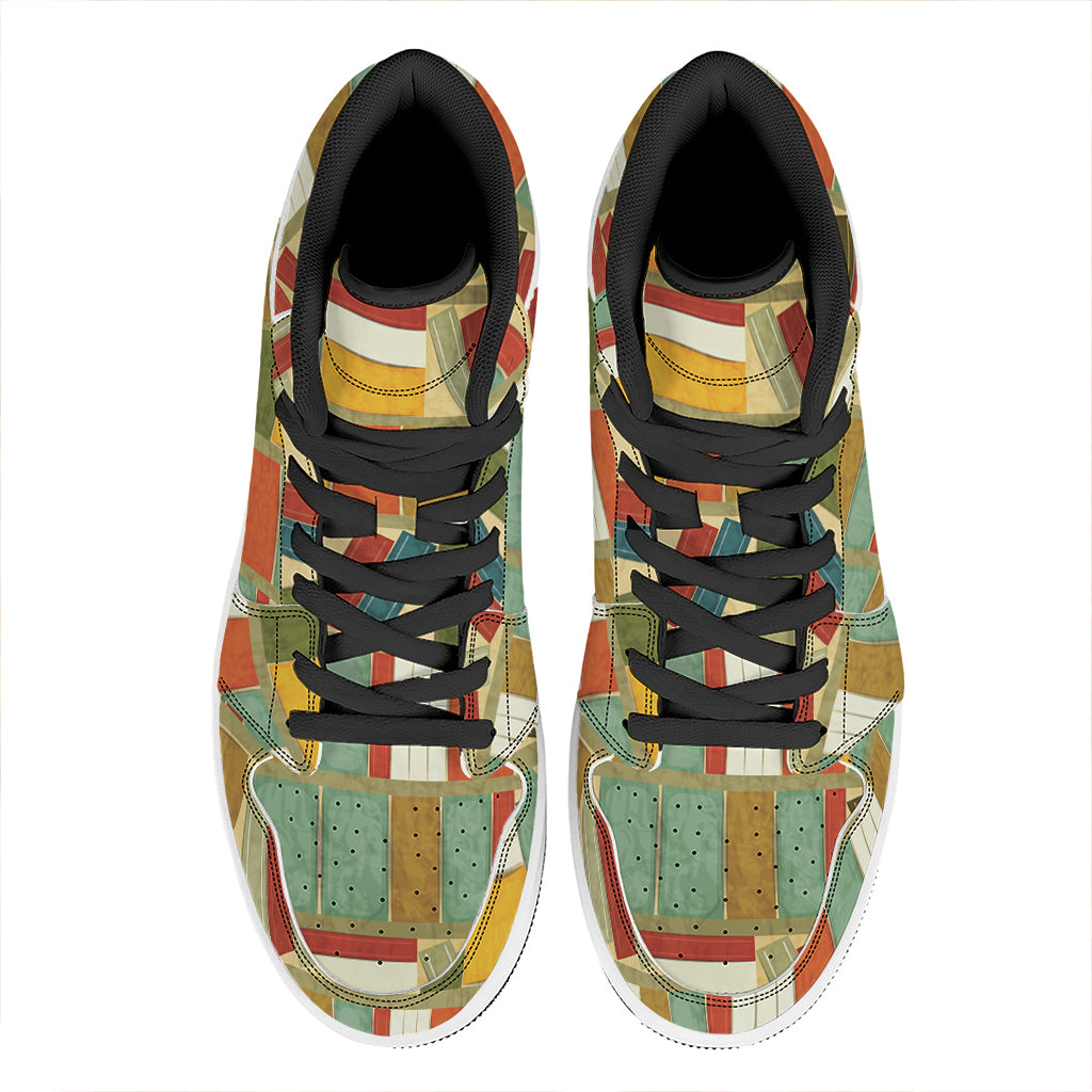 Watercolor Bookshelf Pattern Print High Top Leather Sneakers