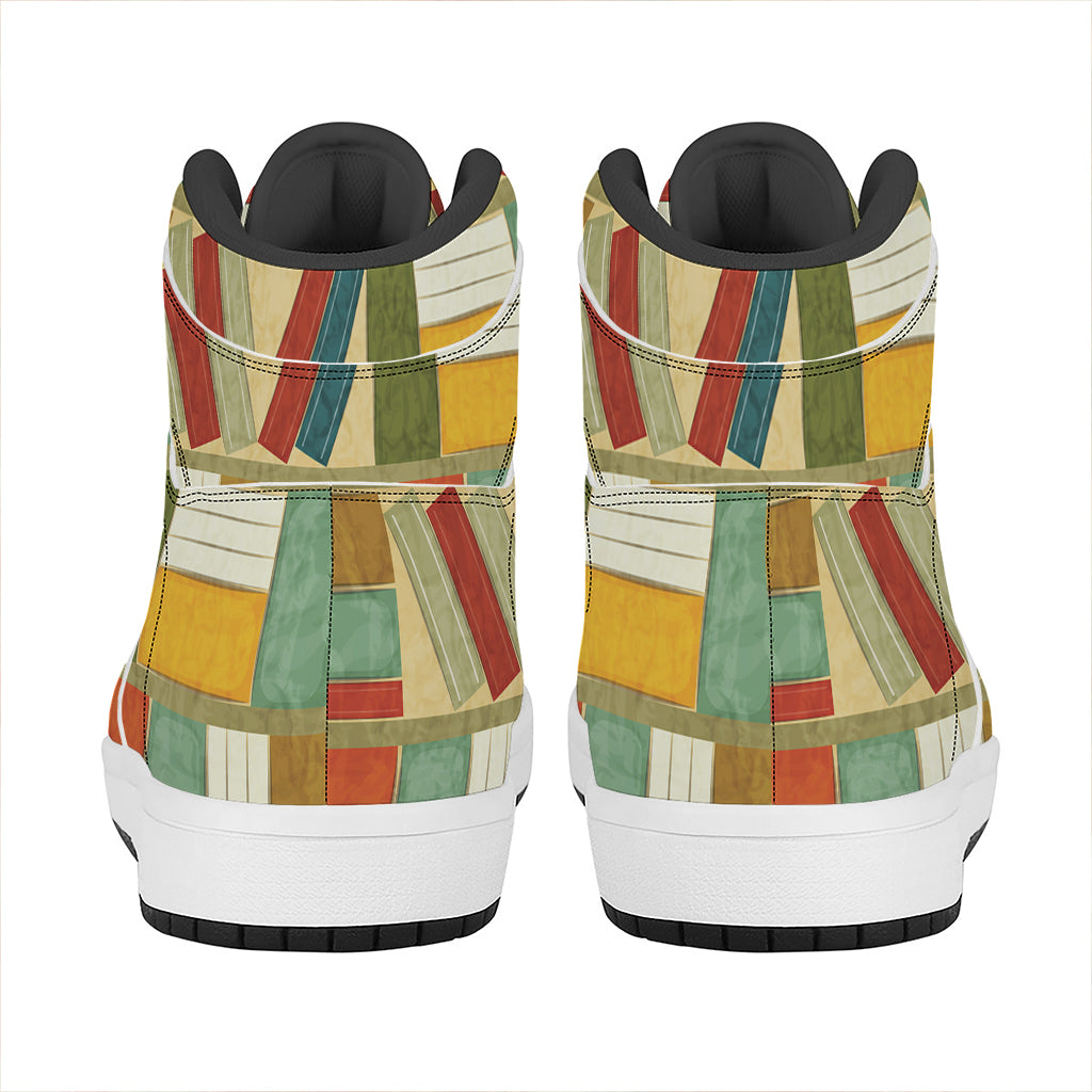 Watercolor Bookshelf Pattern Print High Top Leather Sneakers