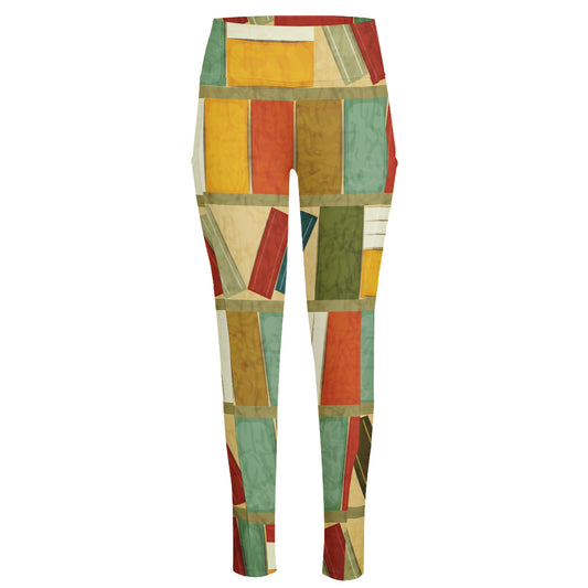 Watercolor Bookshelf Pattern Print High-Waisted Pocket Leggings
