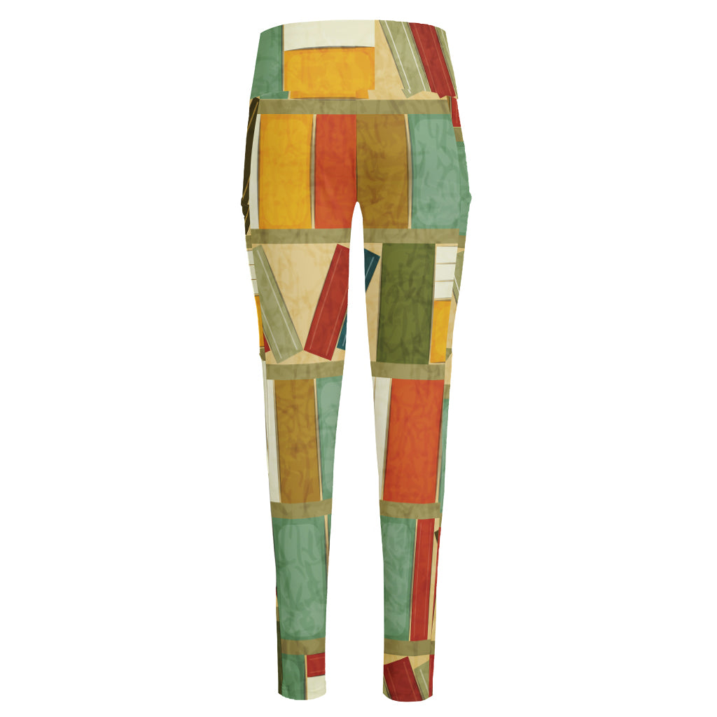 Watercolor Bookshelf Pattern Print High-Waisted Pocket Leggings