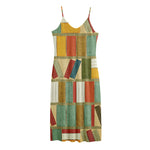 Watercolor Bookshelf Pattern Print Jersey Midi Cami Dress