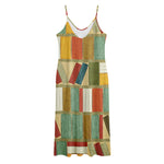 Watercolor Bookshelf Pattern Print Jersey Midi Cami Dress