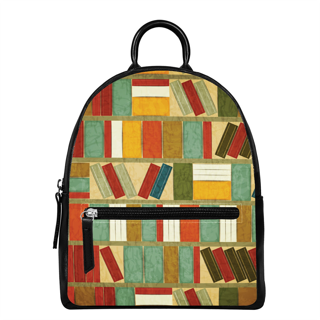 Watercolor Bookshelf Pattern Print Leather Backpack