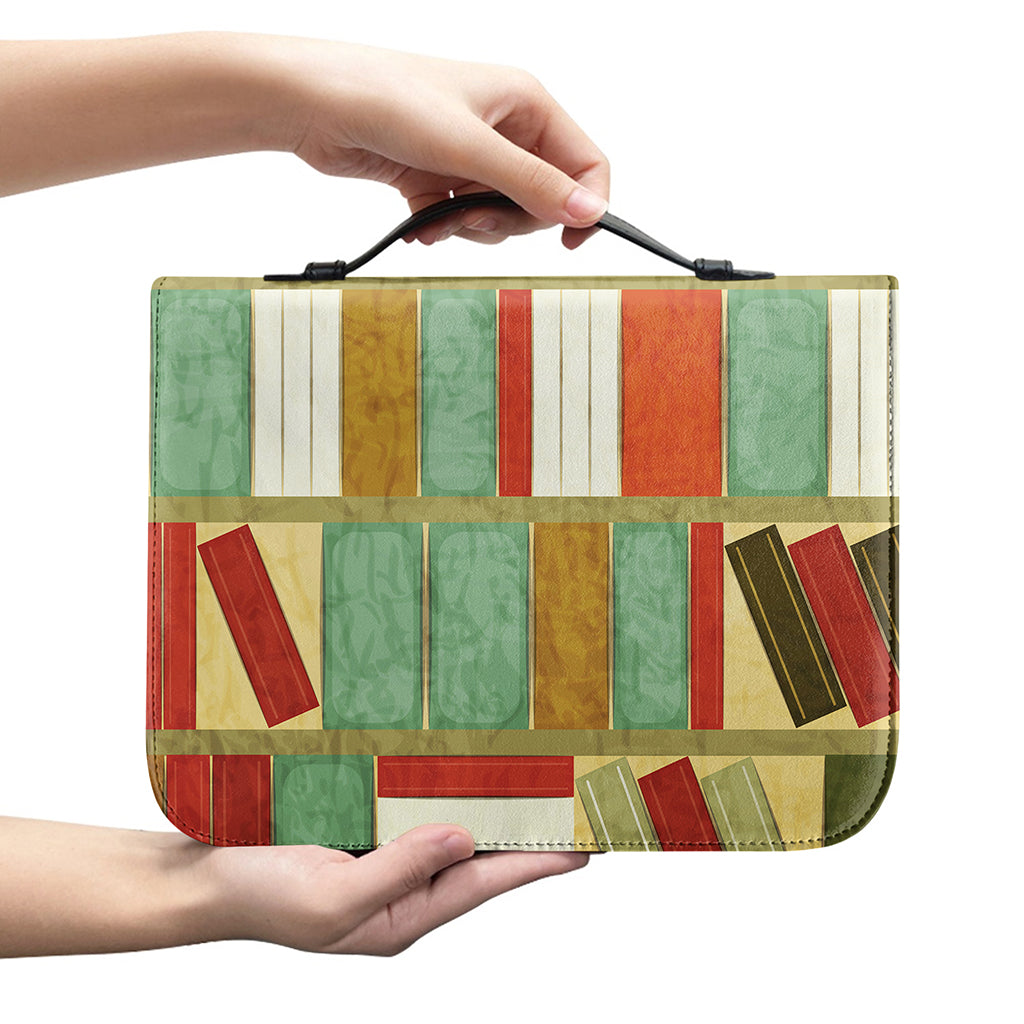 Watercolor Bookshelf Pattern Print Leather Bible Cover