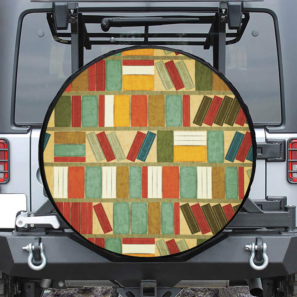 Watercolor Bookshelf Pattern Print Leather Spare Tire Cover