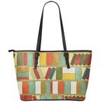 Watercolor Bookshelf Pattern Print Leather Tote Bag
