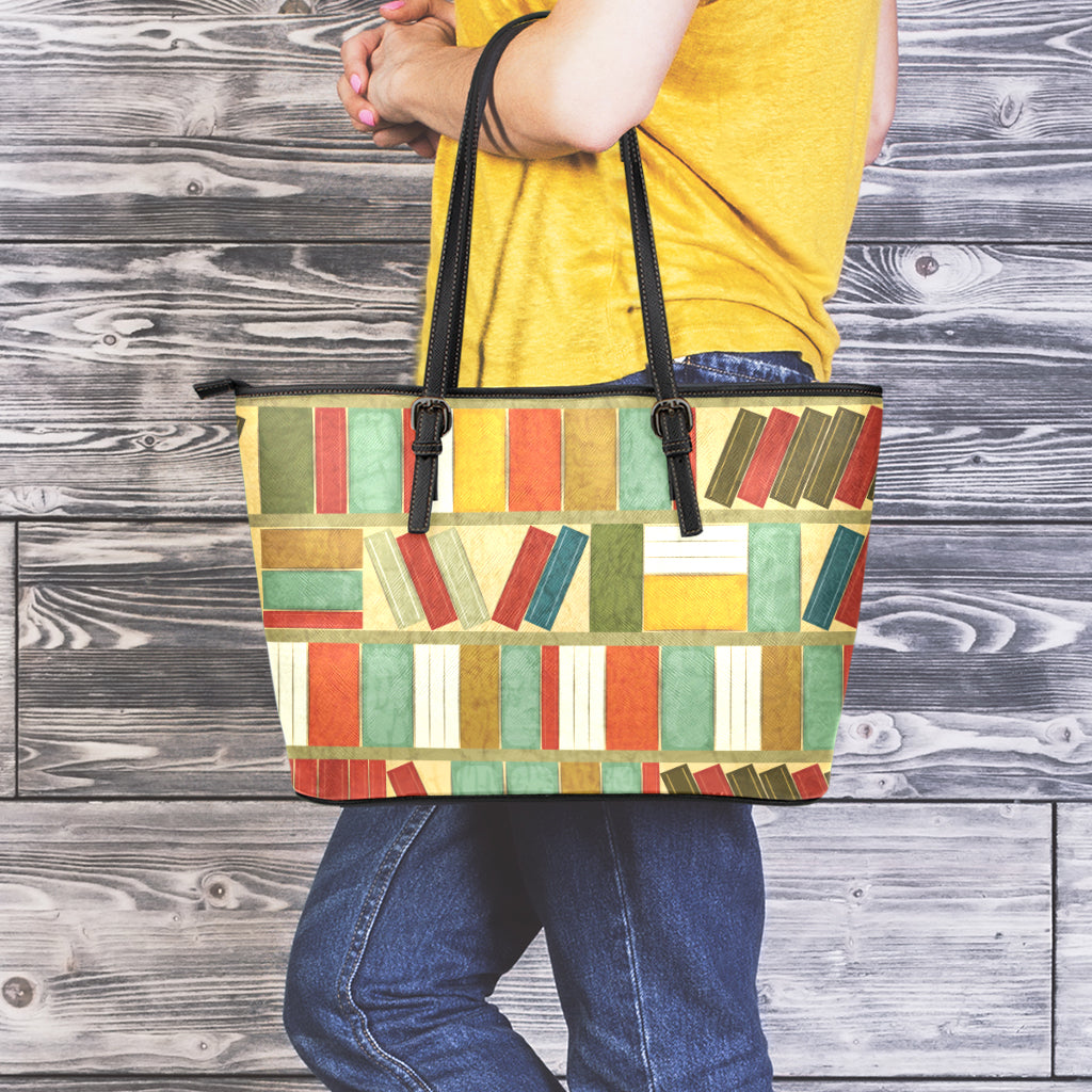 Watercolor Bookshelf Pattern Print Leather Tote Bag