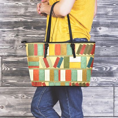 Watercolor Bookshelf Pattern Print Leather Tote Bag