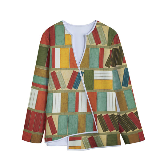 Watercolor Bookshelf Pattern Print Long Sleeve Short Coat