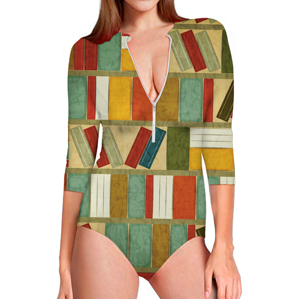 Watercolor Bookshelf Pattern Print Long Sleeve Swimsuit