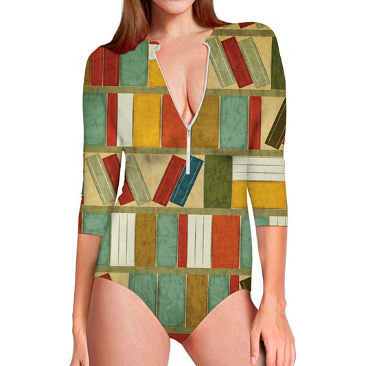 Watercolor Bookshelf Pattern Print Long Sleeve Swimsuit