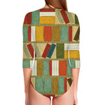 Watercolor Bookshelf Pattern Print Long Sleeve Swimsuit