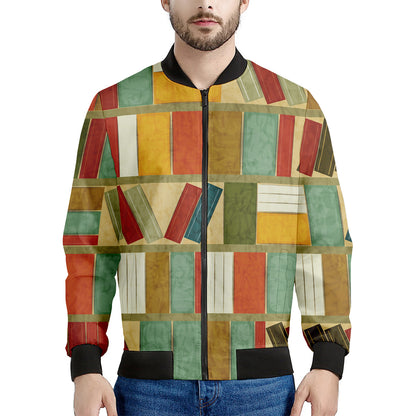 Watercolor Bookshelf Pattern Print Men's Bomber Jacket