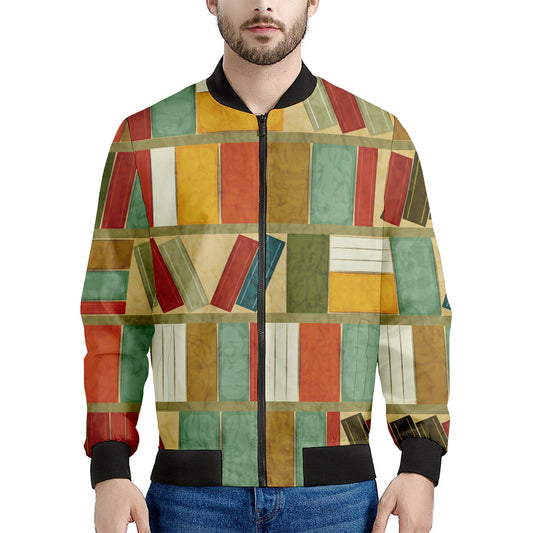 Watercolor Bookshelf Pattern Print Men's Bomber Jacket