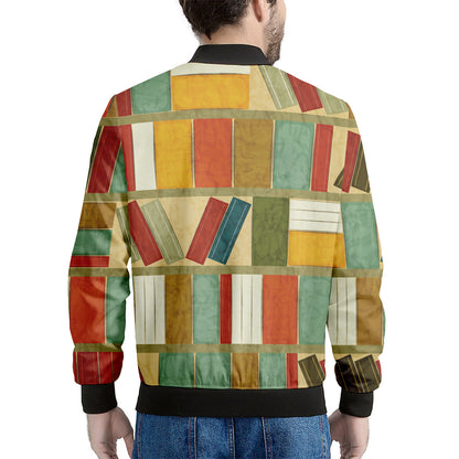 Watercolor Bookshelf Pattern Print Men's Bomber Jacket