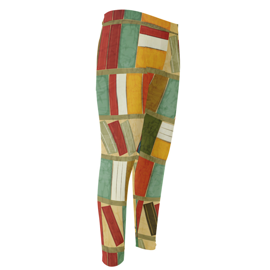 Watercolor Bookshelf Pattern Print Men's Compression Pants
