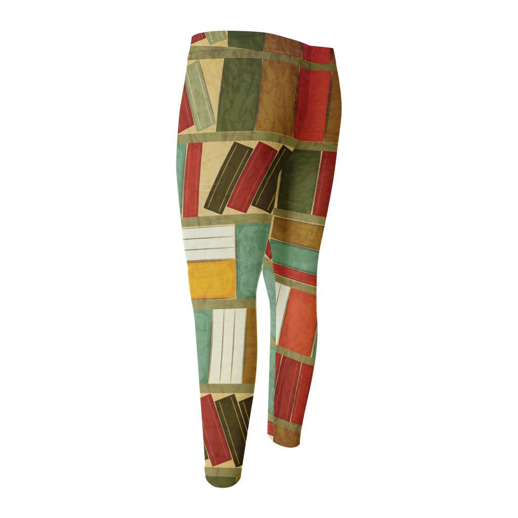 Watercolor Bookshelf Pattern Print Men's Compression Pants
