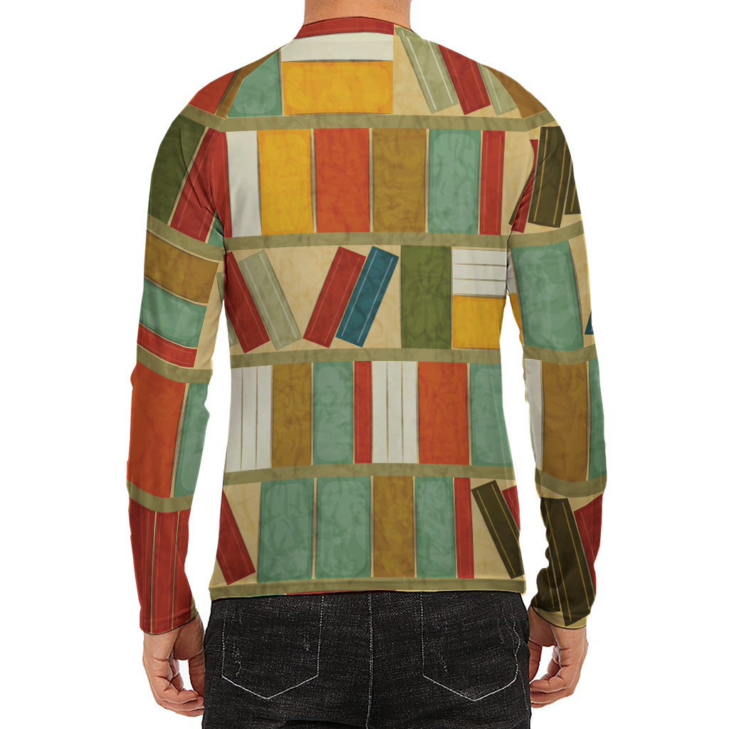 Watercolor Bookshelf Pattern Print Men's Long Sleeve Rash Guard