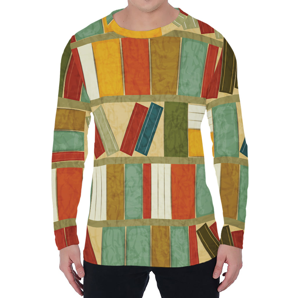 Watercolor Bookshelf Pattern Print Men's Long Sleeve T-Shirt