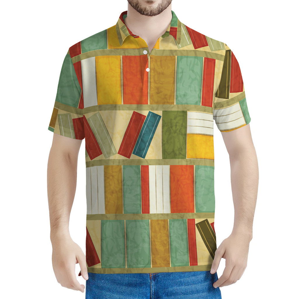 Watercolor Bookshelf Pattern Print Men's Polo Shirt