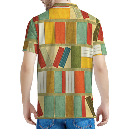 Watercolor Bookshelf Pattern Print Men's Polo Shirt