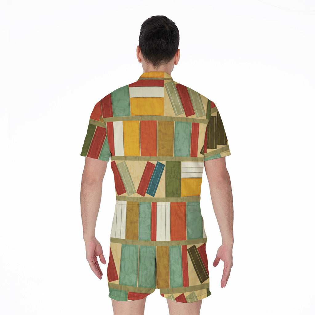 Watercolor Bookshelf Pattern Print Men's Rompers