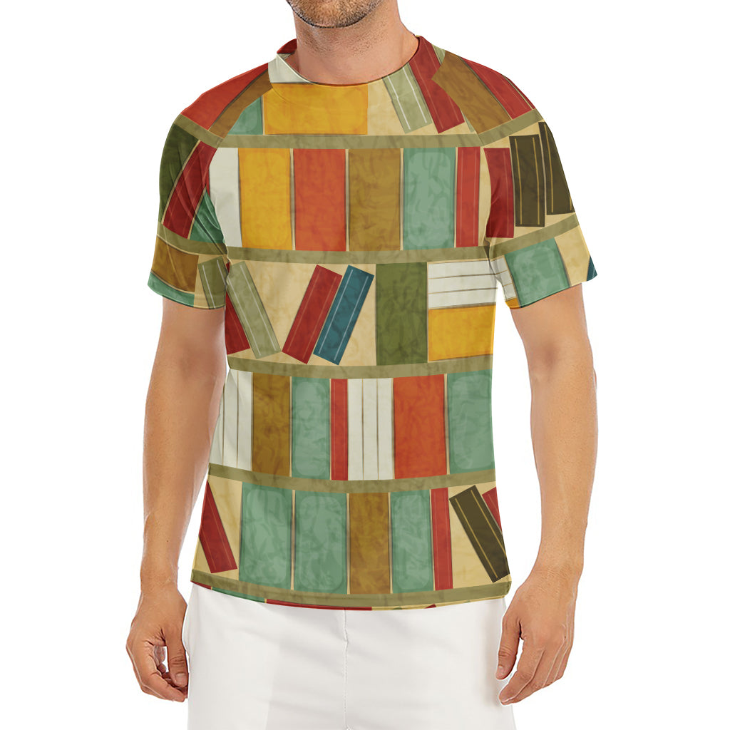 Watercolor Bookshelf Pattern Print Men's Short Sleeve Rash Guard