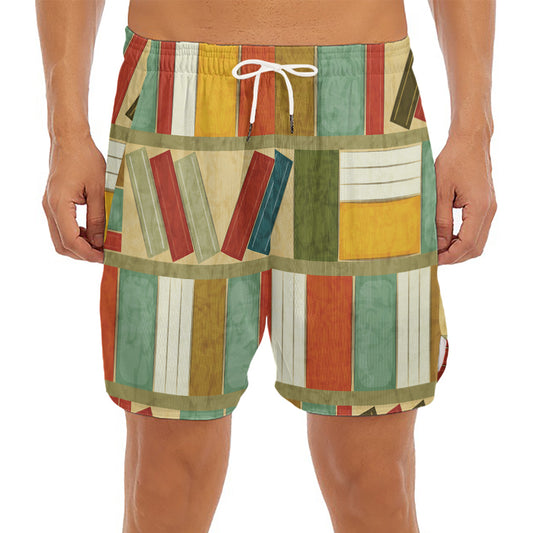 Watercolor Bookshelf Pattern Print Men's Split Running Shorts