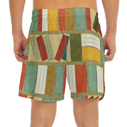 Watercolor Bookshelf Pattern Print Men's Split Running Shorts