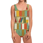 Watercolor Bookshelf Pattern Print One Piece Swimsuit