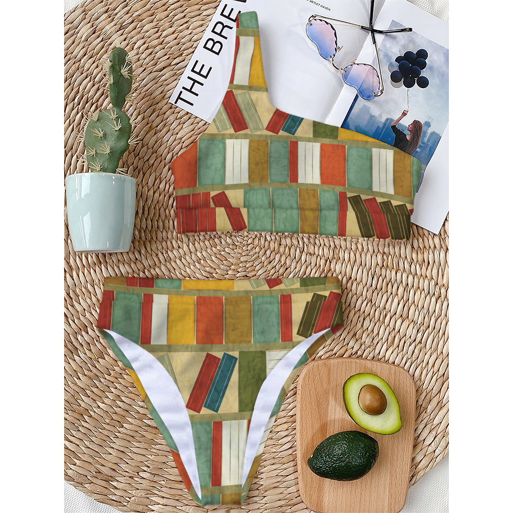 Watercolor Bookshelf Pattern Print One Shoulder Bikini Top