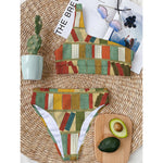 Watercolor Bookshelf Pattern Print One Shoulder Bikini Top