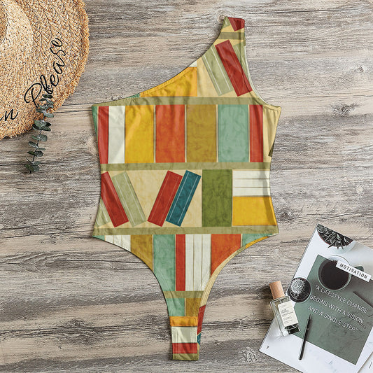 Watercolor Bookshelf Pattern Print One Shoulder Bodysuit