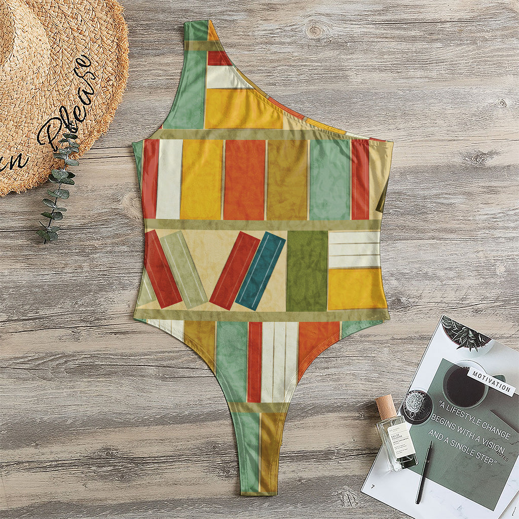 Watercolor Bookshelf Pattern Print One Shoulder Bodysuit