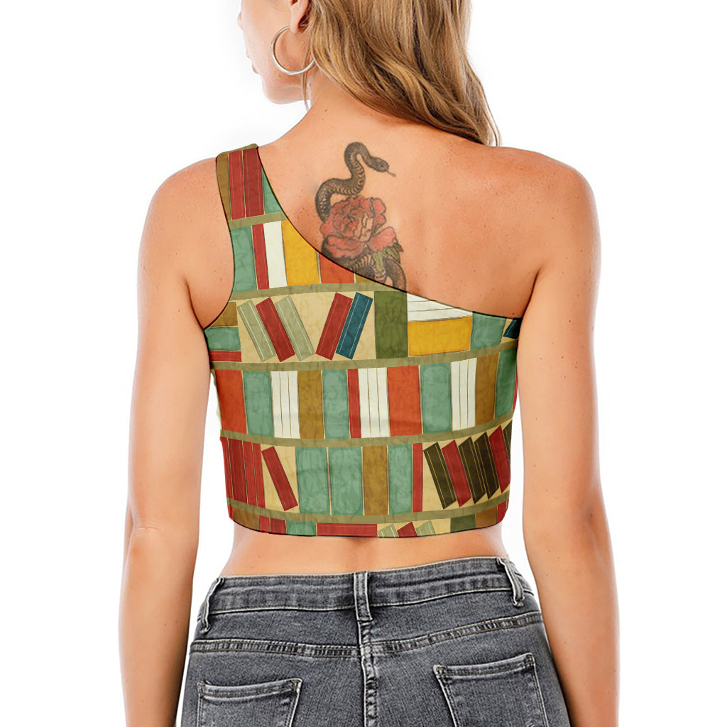 Watercolor Bookshelf Pattern Print One Shoulder Crop Top