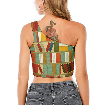 Watercolor Bookshelf Pattern Print One Shoulder Crop Top