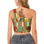 Watercolor Bookshelf Pattern Print One Shoulder Crop Top