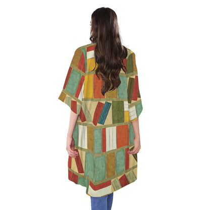 Watercolor Bookshelf Pattern Print Open Front Beach Cover Up