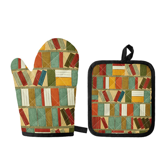 Watercolor Bookshelf Pattern Print Oven Mitt And Pot Holder Set